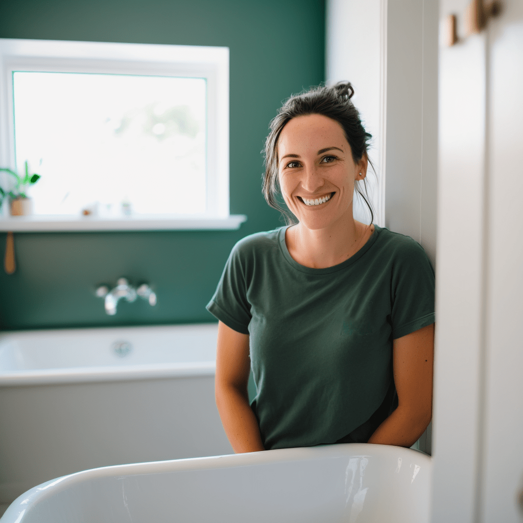 CleanMyPlace house cleaner smiling in a clean bathroom and wearing a green t-shirt