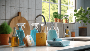 cleaning supplies and products in a modern and clean kitchen