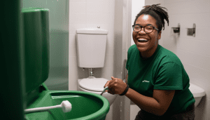 cleaner wearing a green tee smiling by the toilet